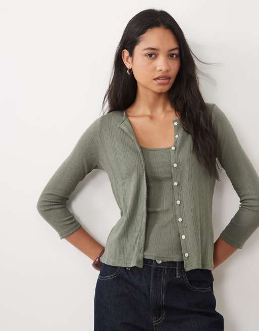 Abercrombie & Fitch pointelle-linne och kofta 2-i-1 i khaki, 2 av 4