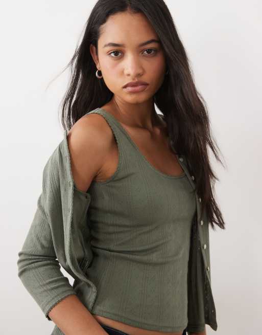 Abercrombie & Fitch pointelle-linne och kofta 2-i-1 i khaki, 3 av 4
