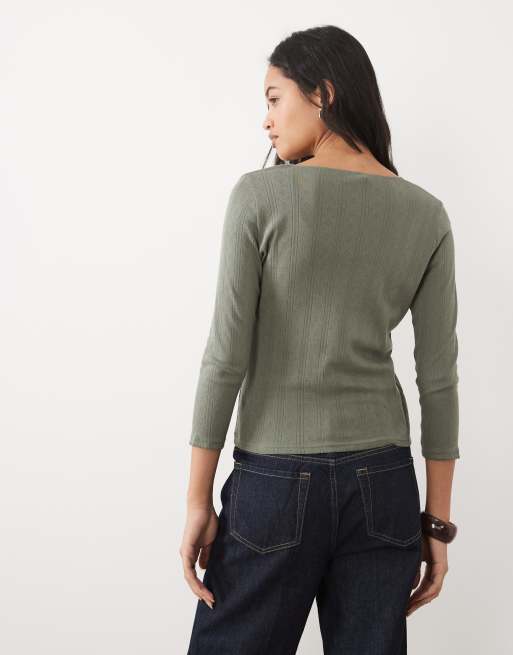 Abercrombie & Fitch pointelle-linne och kofta 2-i-1 i khaki, 4 av 4