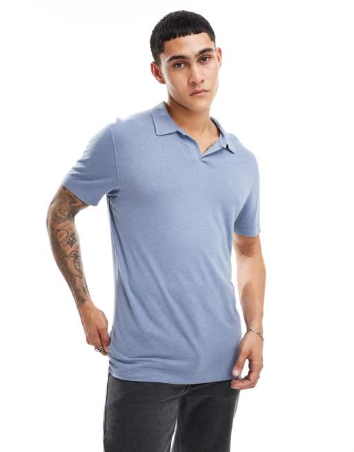 Abercrombie & Fitch - Polo à col ouvert en lin flammé - Bleu clair