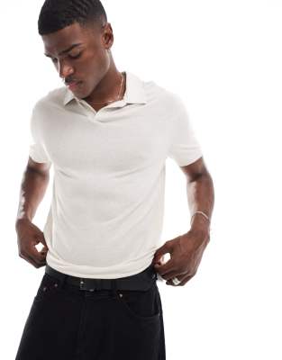 Abercrombie & Fitch - Polo à col ouvert en lin flammé - Crème