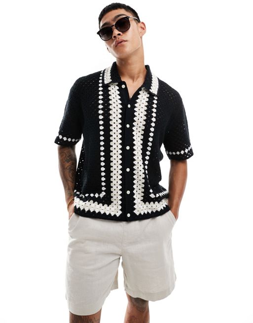 Abercrombie & Fitch - Polo boutonné en maille crochetée bordé de bandes - Noir