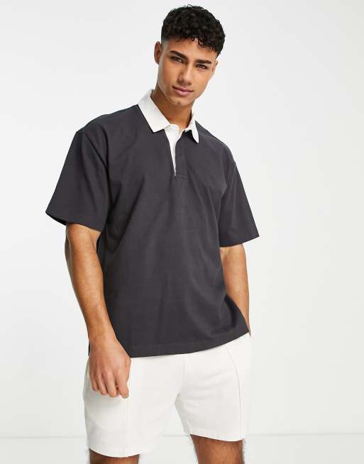 Abercrombie & Fitch - Polo de rugby oversize à manches courtes - Noir