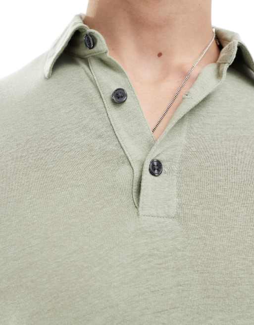 Abercrombie & Fitch - Polo en lin avec col ouvert - Vert clair, 4 de 4