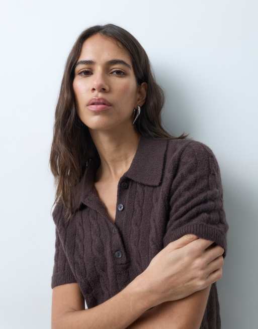 Abercrombie & Fitch polo en maille torsadée à manches courtes marron, 4 de 5