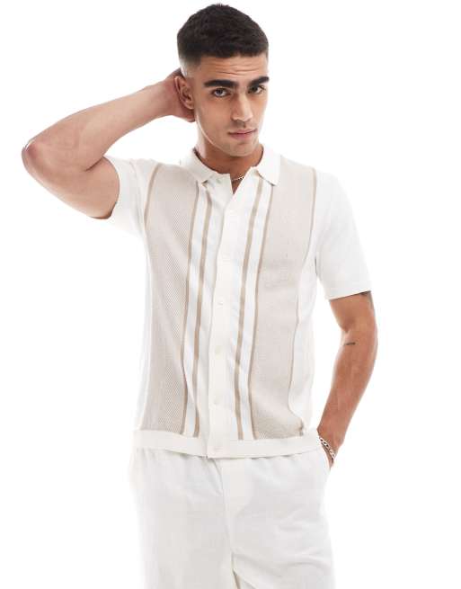 Abercrombie & Fitch - Polo in maglia color crema con motivo rétro e bottoni 