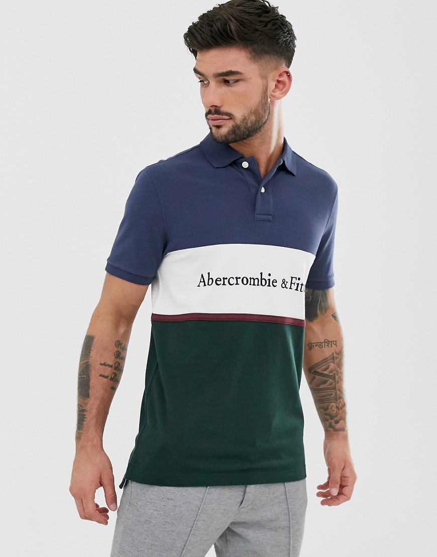 Abercrombie & Fitch - Polo in piqué blu navy/verde con logo e pannello sul petto