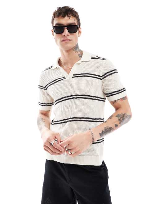 Abercrombie & Fitch - Polo léger en maille rayée avec col ouvert - Crème