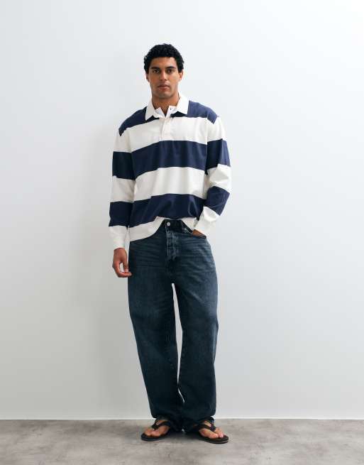 Abercrombie & Fitch polo rugby a maniche lunghe a righe bianche e navy, 2 di 10