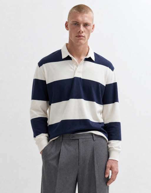 Abercrombie & Fitch polo rugby a maniche lunghe a righe bianche e navy, 6 di 10
