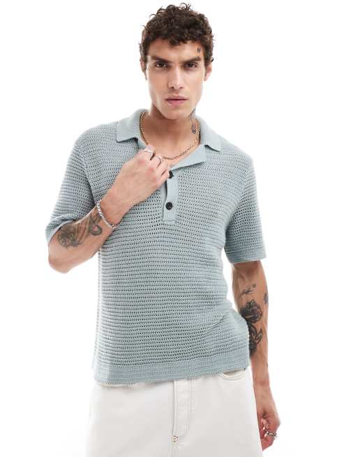 Abercrombie & Fitch - Polo stile resort in maglia grigia/verde con colletto a rever e 2 bottoni