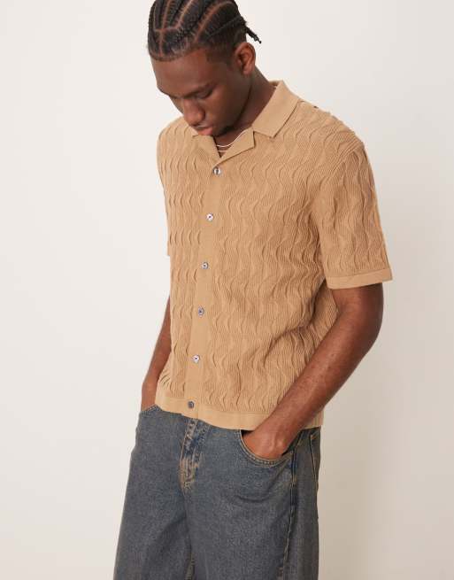 Abercrombie & Fitch - Polo stile resort in maglia marrone a maniche corte con bottoni
