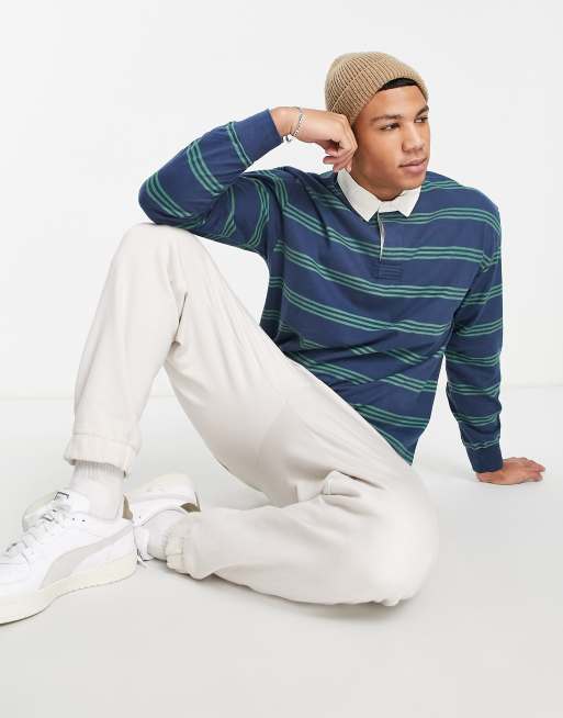 Abercrombie & Fitch - Polo stile rugby a righe blu navy/verde