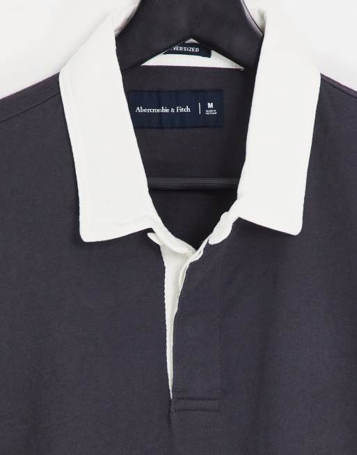 Abercrombie & Fitch - Polo stile rugby oversize nera a maniche corte, 3 di 4