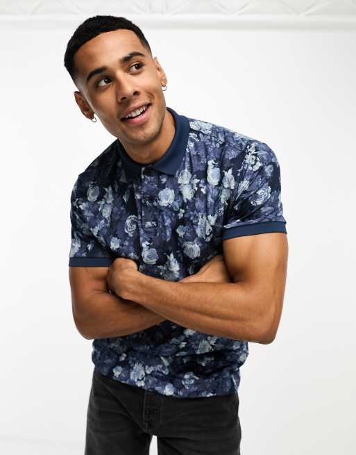 Abercrombie & Fitch – Polohemd aus Airknit-Material in Blau geblümt