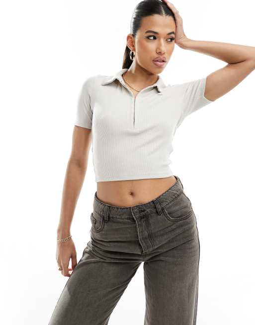Abercrombie & Fitch - Poloshirt met haak- en oogsluiting en korte mouwen in stone