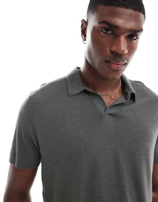 Abercrombie & Fitch - Poloshirt met linnen en open kraag in grijs