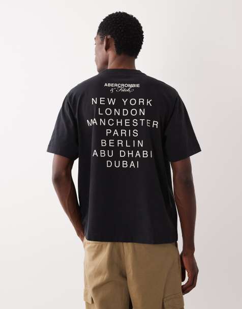 Abercrombie & Fitch Premium – Czarny gruby T-shirt z nazwami miast na plecach - view 1
