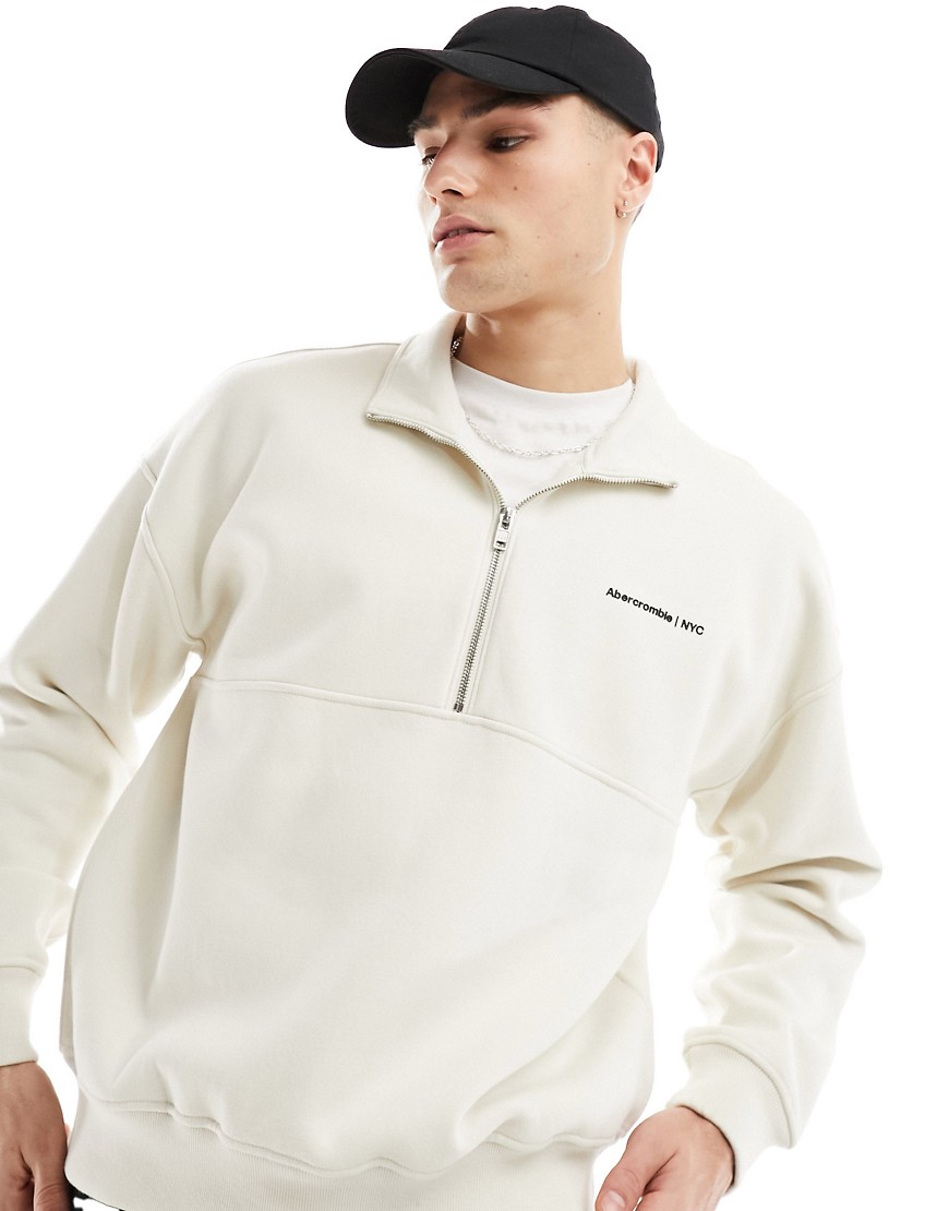 Abercrombie & Fitch premium half zip sweatshirt in cream-White