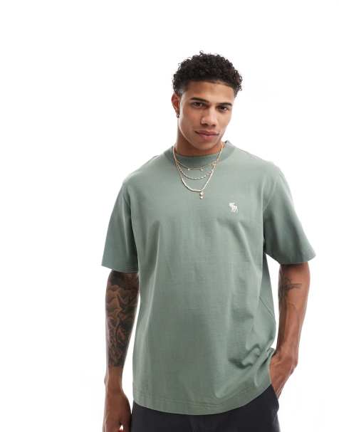 Abercrombie & Fitch premium silicone icon logo t-shirt in mid green - view 1