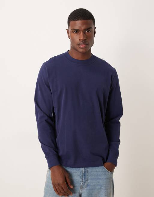 Abercrombie & Fitch - Premium T-shirt met lange mouwen van zware kwaliteit in marineblauwe wassing