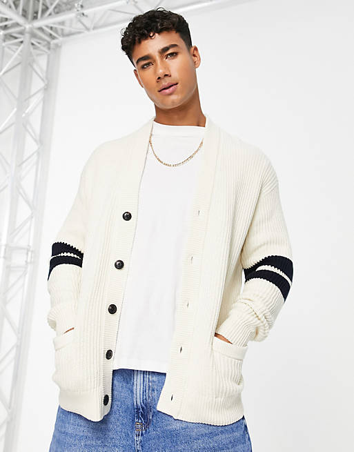 Abercrombie & Fitch preppy stripe sleeve knit cardigan in white | ASOS