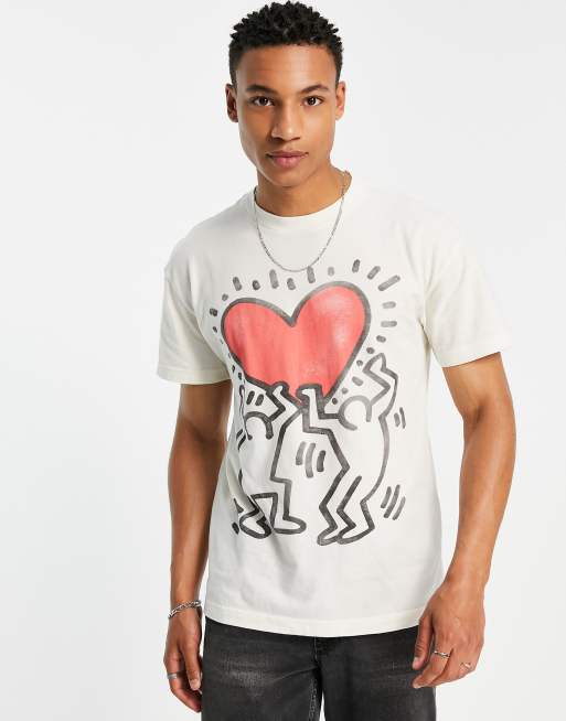 Abercrombie & Fitch – Pride Capsule – Vit t-shirt med hjärtformat Keith Haring-tryck