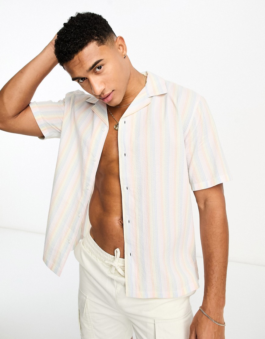 Abercrombie & Fitch Pride rainbow stripe short sleeve revere collar shirt in multi