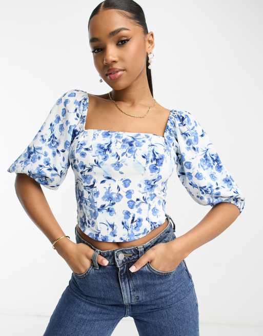 Abercrombie & Fitch Puff Sleeve Corset Top in Blue