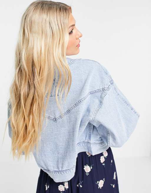 Mid blue puff shoulder cheap denim jacket