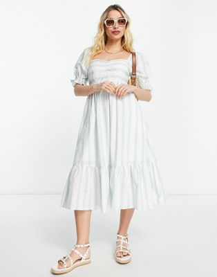 Abercrombie & Fitch puff sleeve midi dress in green and white stripe - ASOS Price Checker