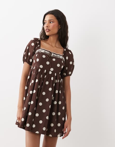 Abercrombie & Fitch puff sleeve mini babydoll dress in brown polka dot print - view 1