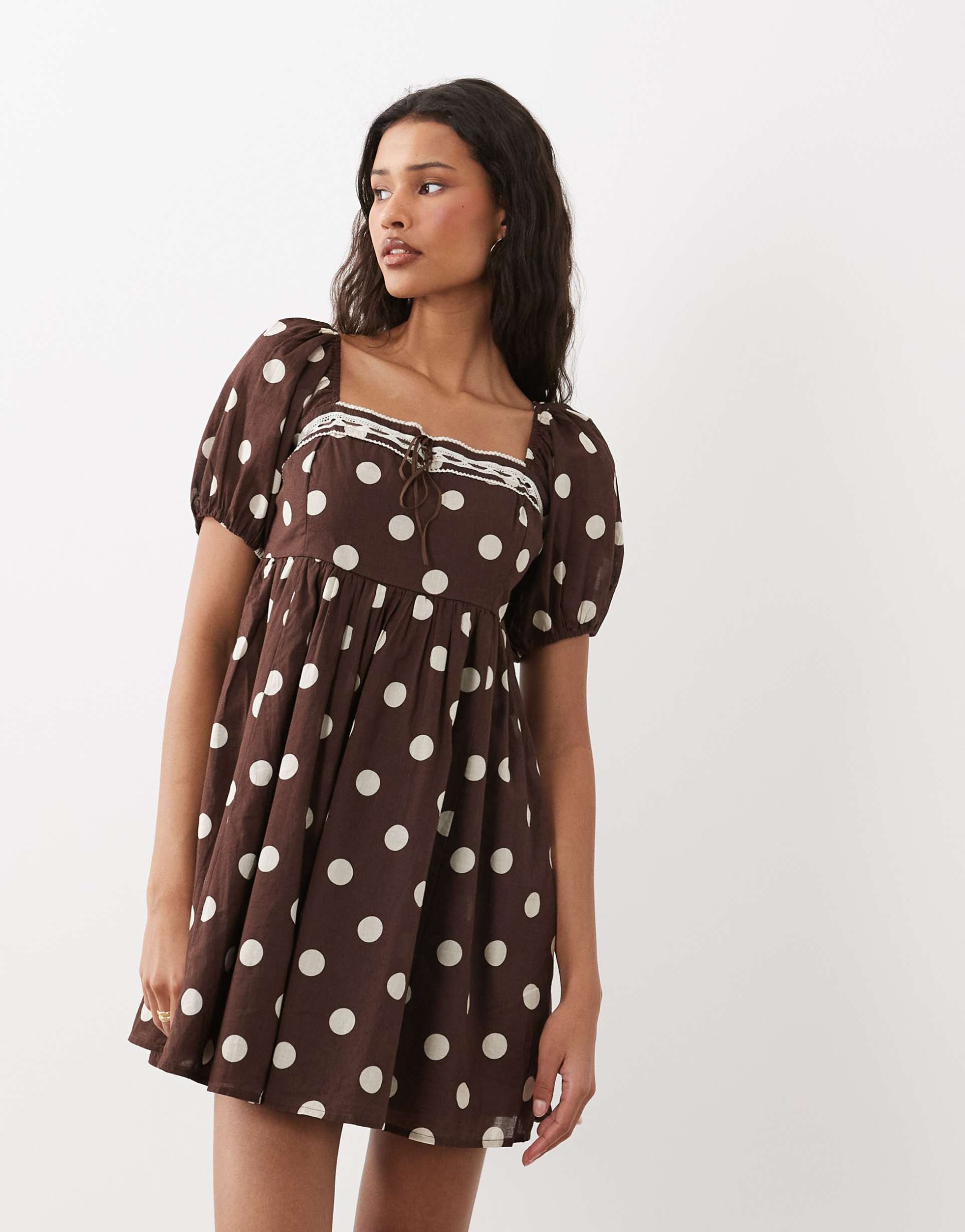 abercrombie & fitch puff sleeve mini babydoll dress in brown polka dot print