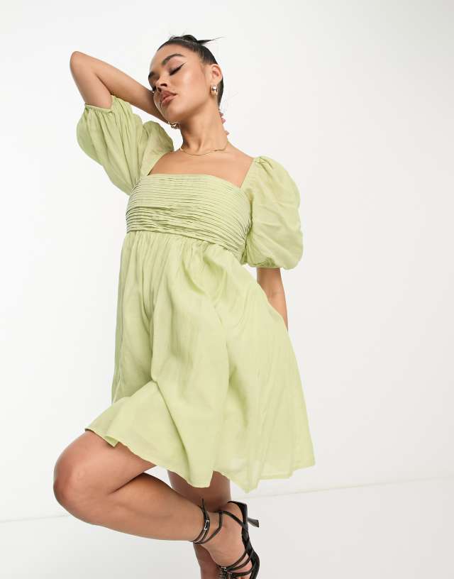 Abercrombie & Fitch - puff sleeve poplin dress in green