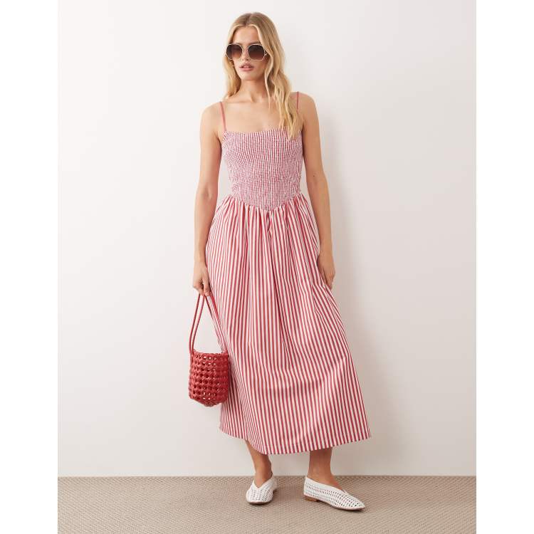Abercrombie & Fitch puff sleeve smock midi dress in red stripe | ASOS