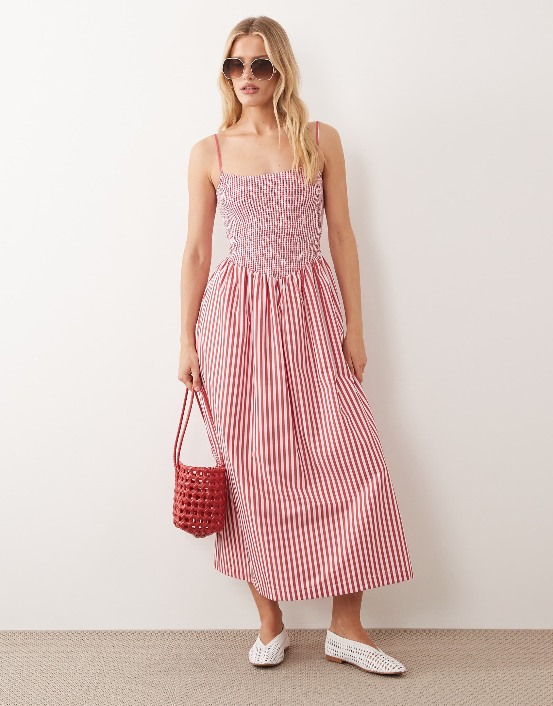 abercrombie & fitch puff sleeve smock midi dress in red stripe