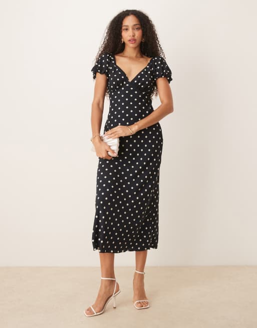 abercrombie green polka dot dress & Fitch puff sleeve tie back maxi slip in black neckline and playful puff sleeves Women's Green Dresses | Abercrombie