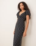 [Abercrombie & Fitch] Abercrombie & Fitch puff sleeve tie back slip maxi dress in black polka dot-White L Polka dot
