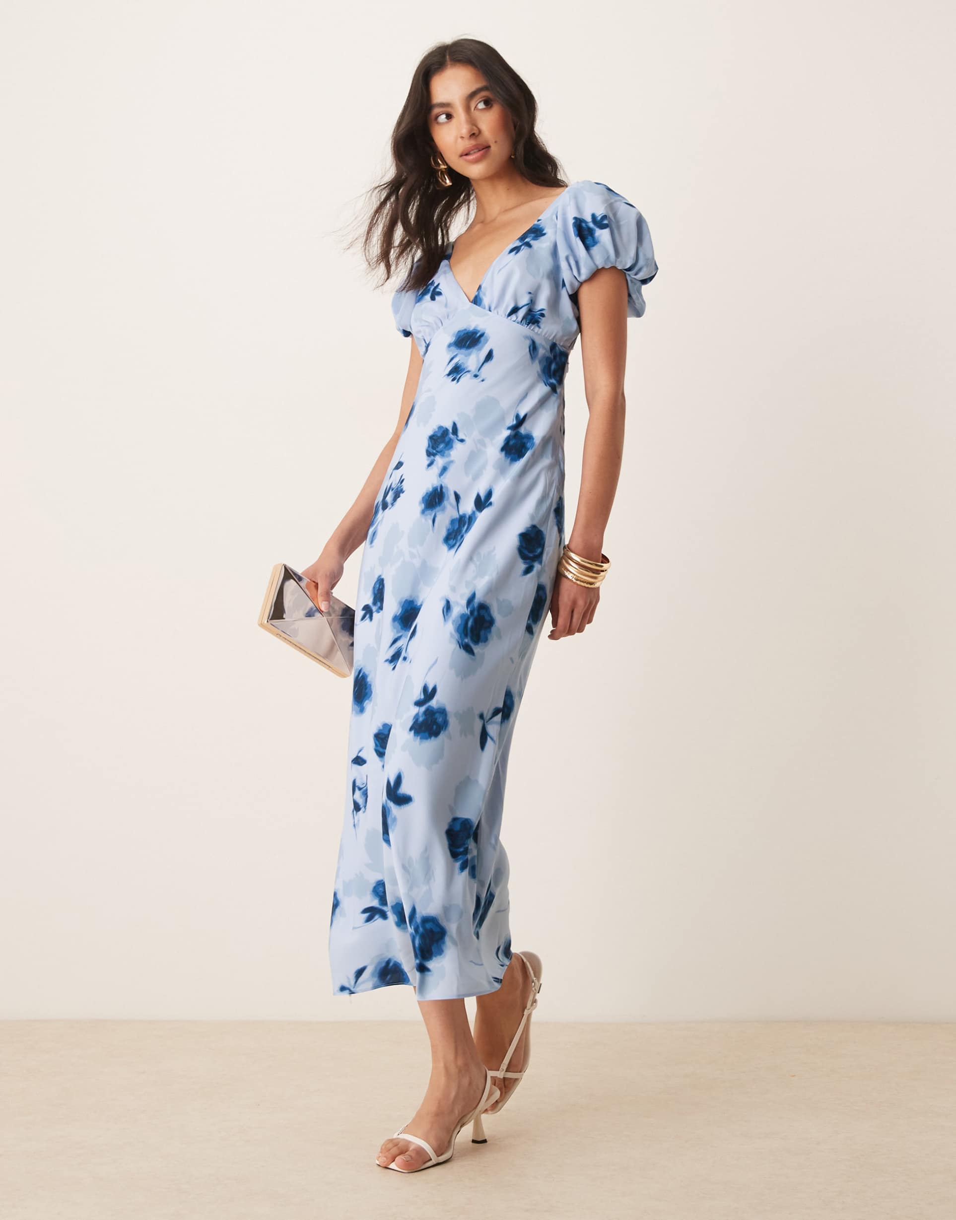 abercrombie & fitch puff sleeve tie back slip midaxi dress in blue floral