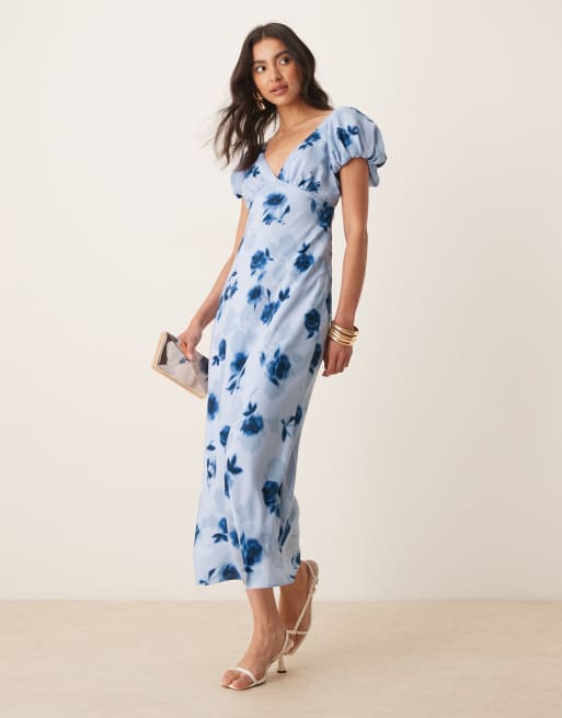 Abercrombie & Fitch puff sleeve tie back slip midaxi dress in blue floral