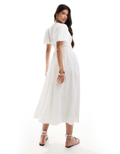 Abercrombie Fitch puff sleeve tie front midi dress in white