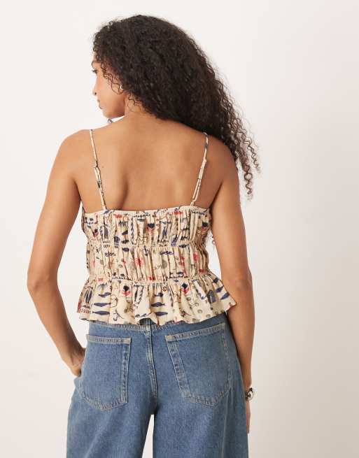 Abercrombie & Fitch puff sleeve tie front top in cream print, 4 of 4