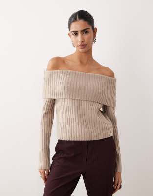 Pull à épaules dénudées effet rabattu - Grège-Neutre XL