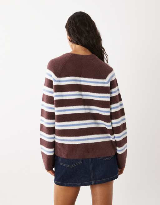 Abercrombie & Fitch pull col rond en maille à rayures marron et bleues, 4 de 4