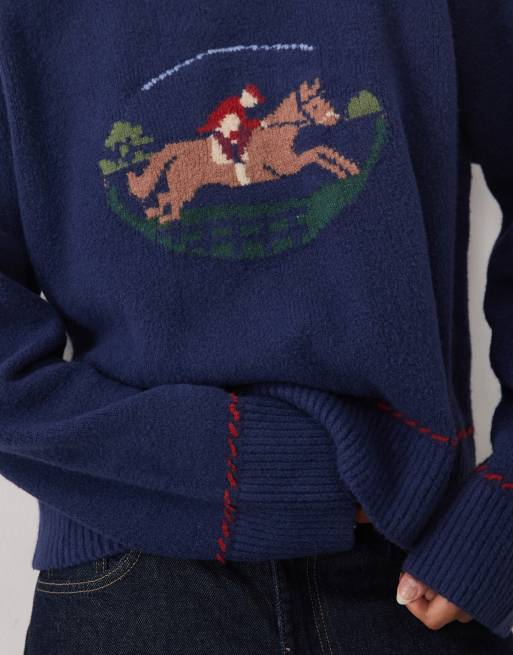 Abercrombie & Fitch pull col rond en maille avec motif cheval bleu marine, 3 de 4