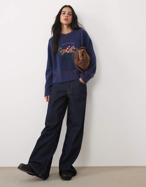 Abercrombie & Fitch pull col rond en maille avec motif cheval bleu marine, 4 de 4