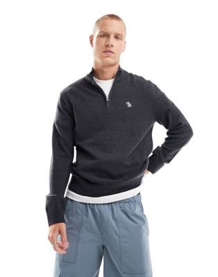 Abercrombie & Fitch icon logo merino wool knit half zip jumper in charcoal marl - ASOS Price Checker