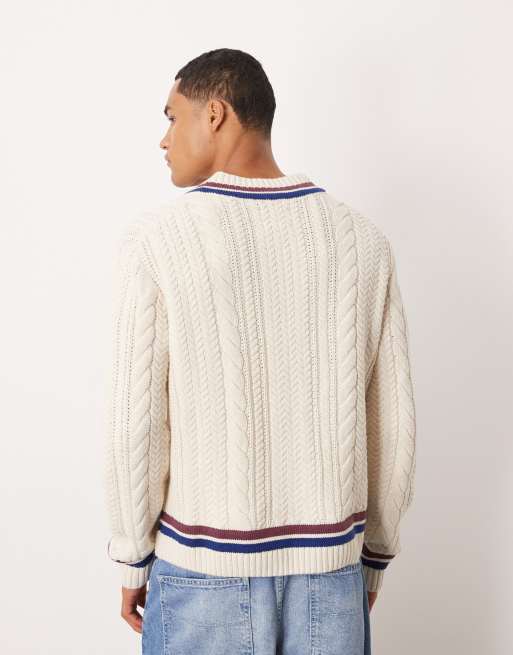 Abercrombie & Fitch - Pull en maille torsadée à col V, manches longues et rayures - Beige, 3 de 4