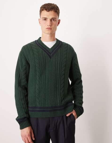 Abercrombie & Fitch - Pull en maille torsadée à col V, manches longues et rayures - Vert - view 1
