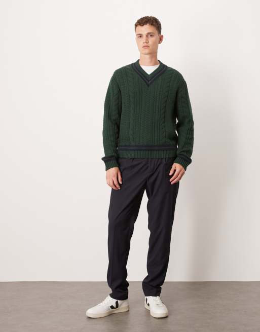 Abercrombie & Fitch - Pull en maille torsadée à col V, manches longues et rayures - Vert, 2 de 4
